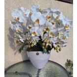 Fehér magasfényű dupla orchidea kaspóban 4 szál élethű lepkeorchidea, orchidea levelekkel és izlandi zuzmóval díszítve